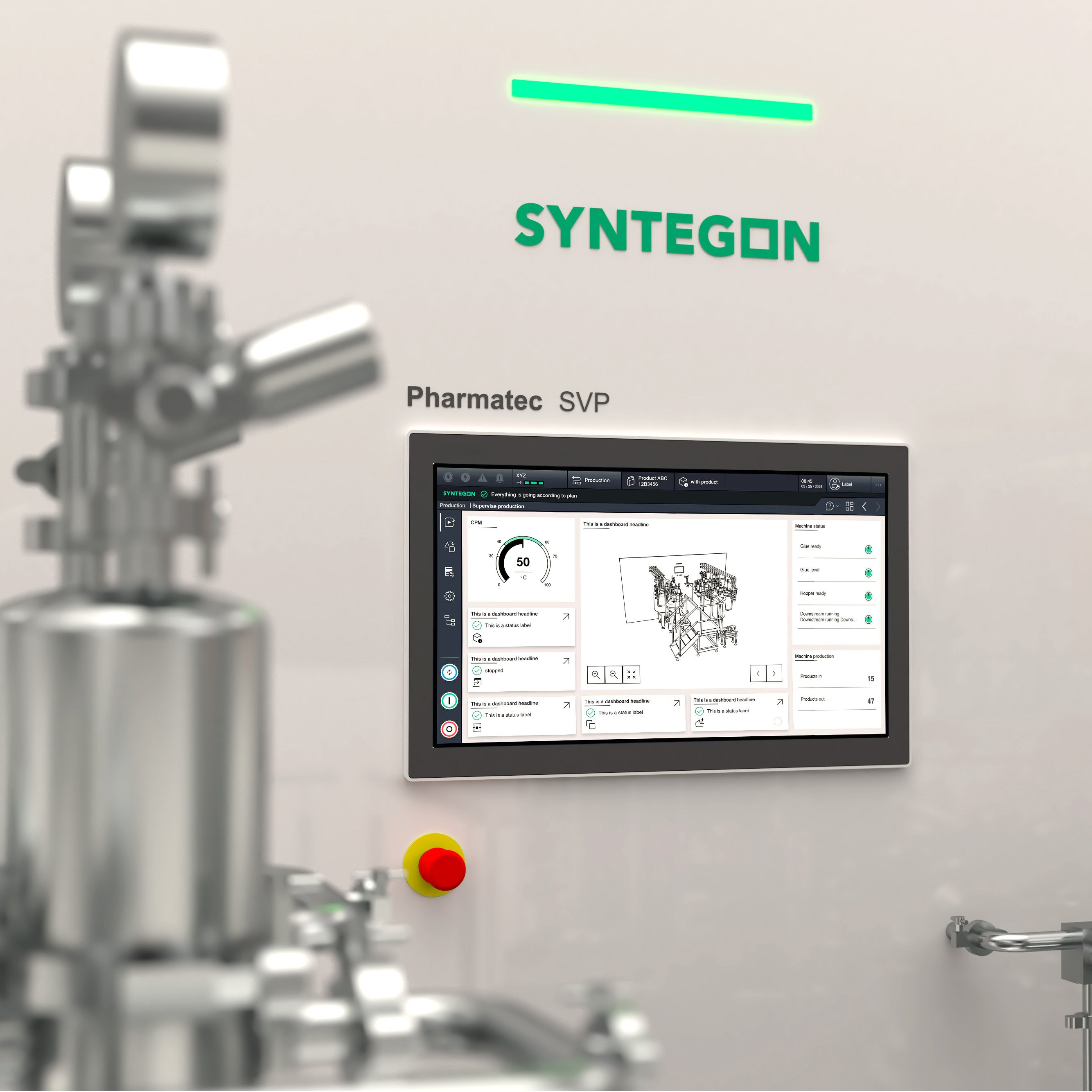 ステンレス製の製剤用スキッドに設置されたSyntegon Pharmatec社製SVP制御盤。自動混合およびろ過インターフェースが確認できる。