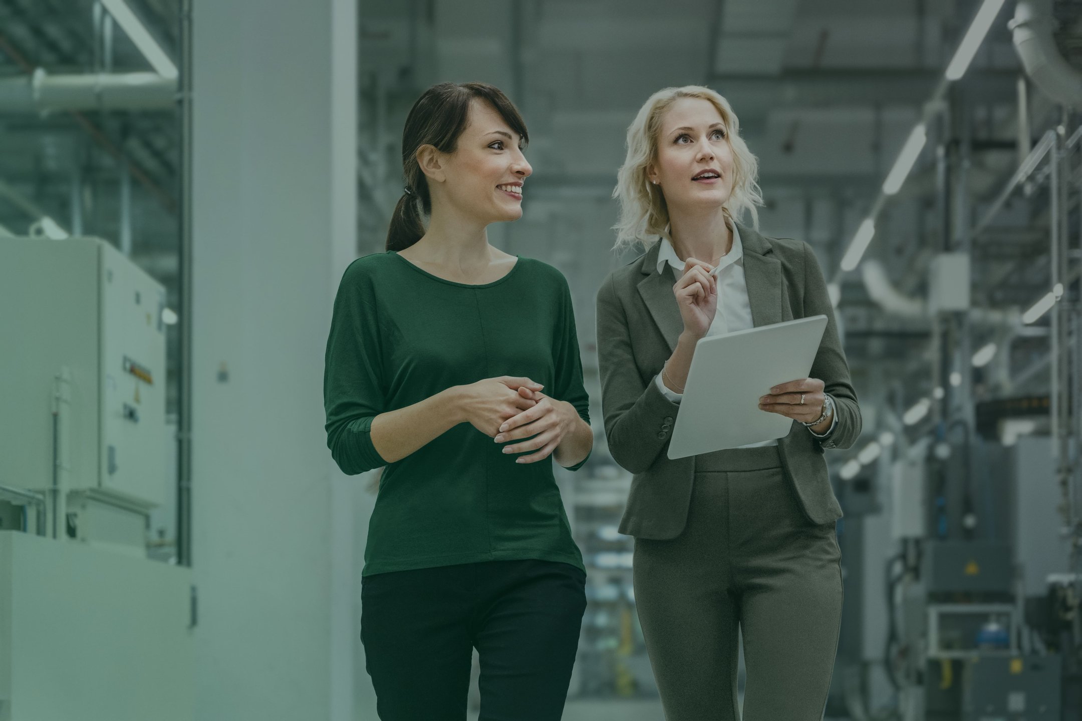 Businesswoman working with colleague in modern factory.