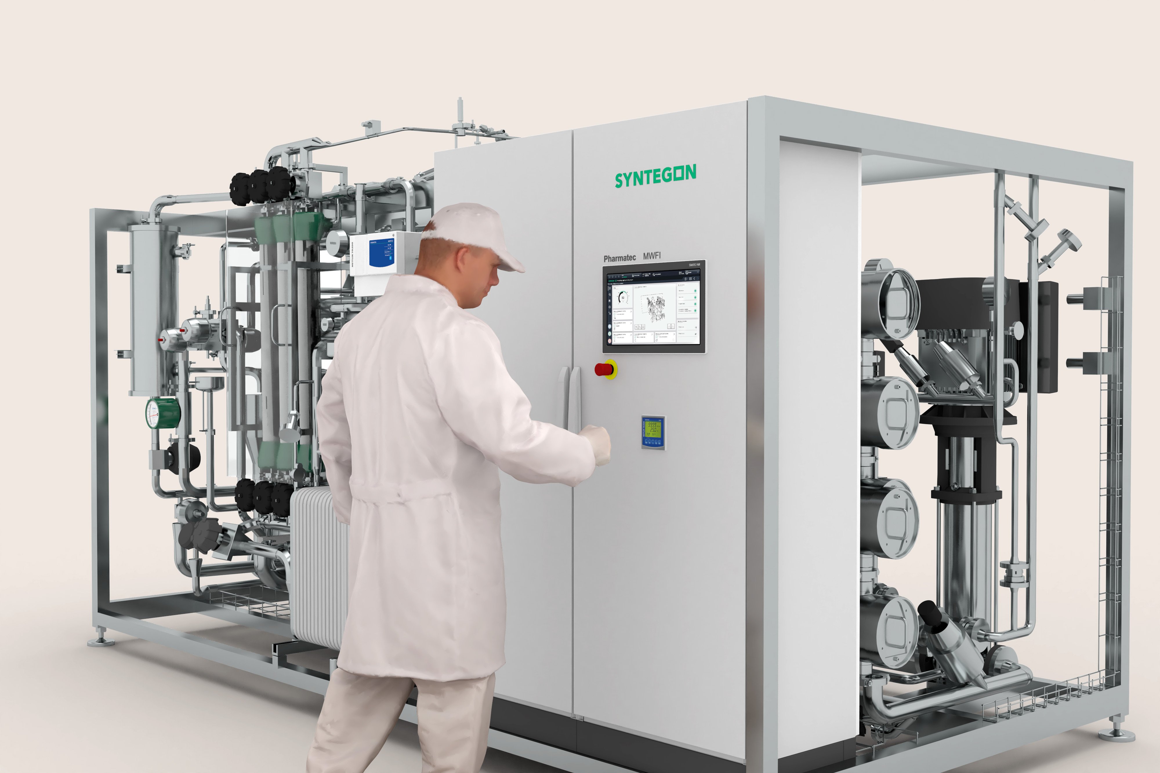 クリーンルーム用作業服を着用したオペレーターが、エネルギー効率に優れたWFI（水製薬用）を製造するために、Syntegon社のMWFI膜式WFI生成装置スキッドを操作している
