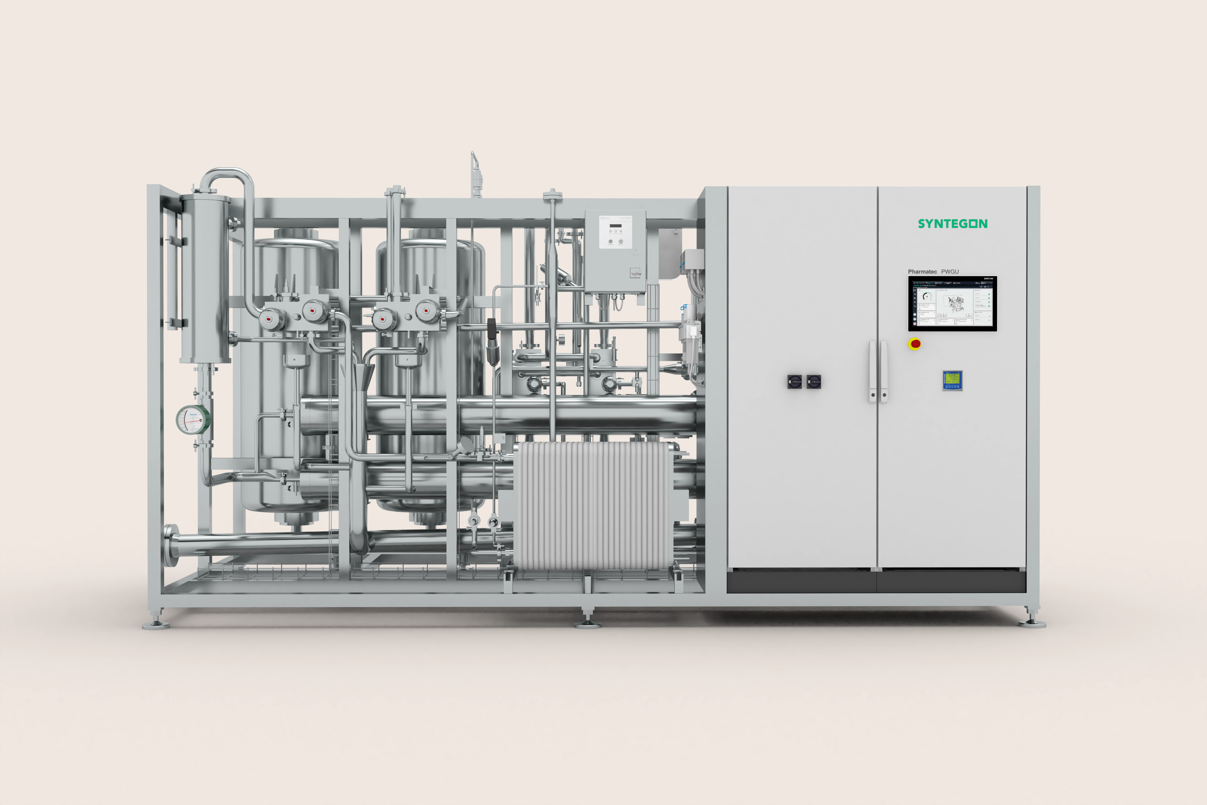 ステンレス鋼製の配管および制御盤を備えた、膜式純水生成用Syntegon PWGUスキッド
