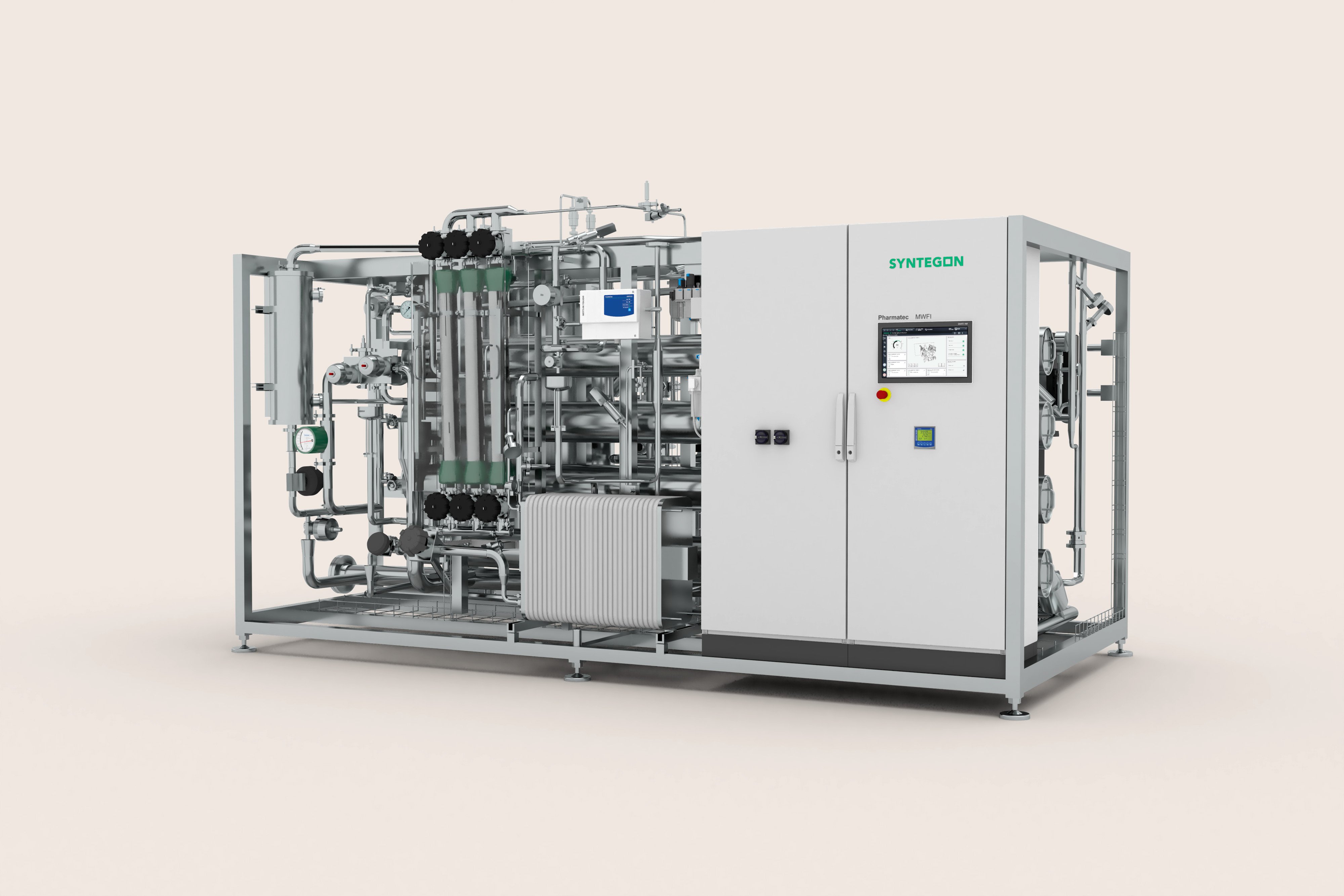 RO、EDI、UFを用いた低温膜式WFI生成用のSyntegon MWFIスキッド。コンパクトなステンレス製フレームと制御盤を備えています。