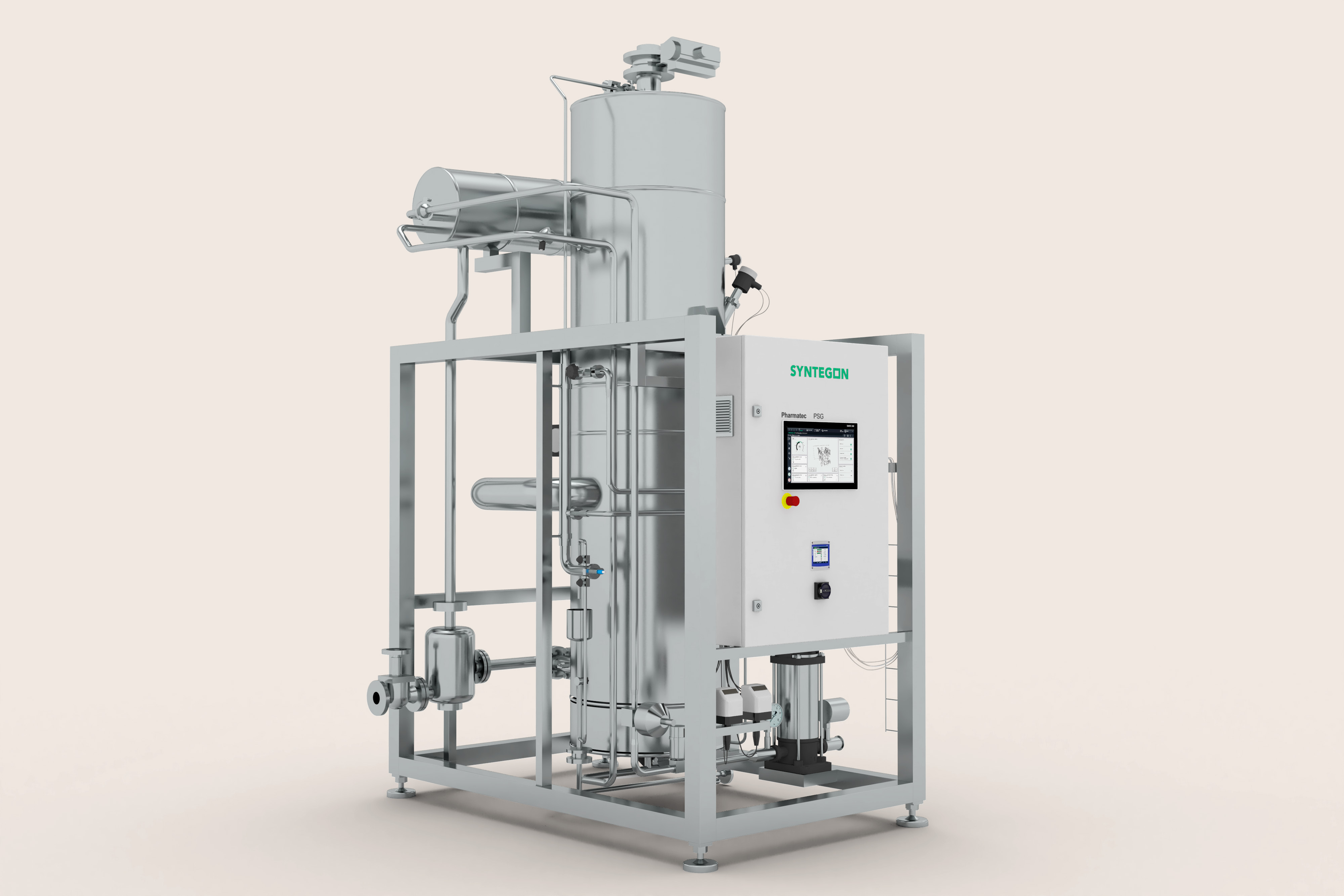 製薬用滅菌設備向けの、垂直自然循環カラムおよび制御盤を備えたSyntegon PSG純水蒸気発生器